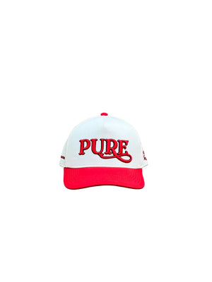 White and red cap with 'PURE' text on a gray surface