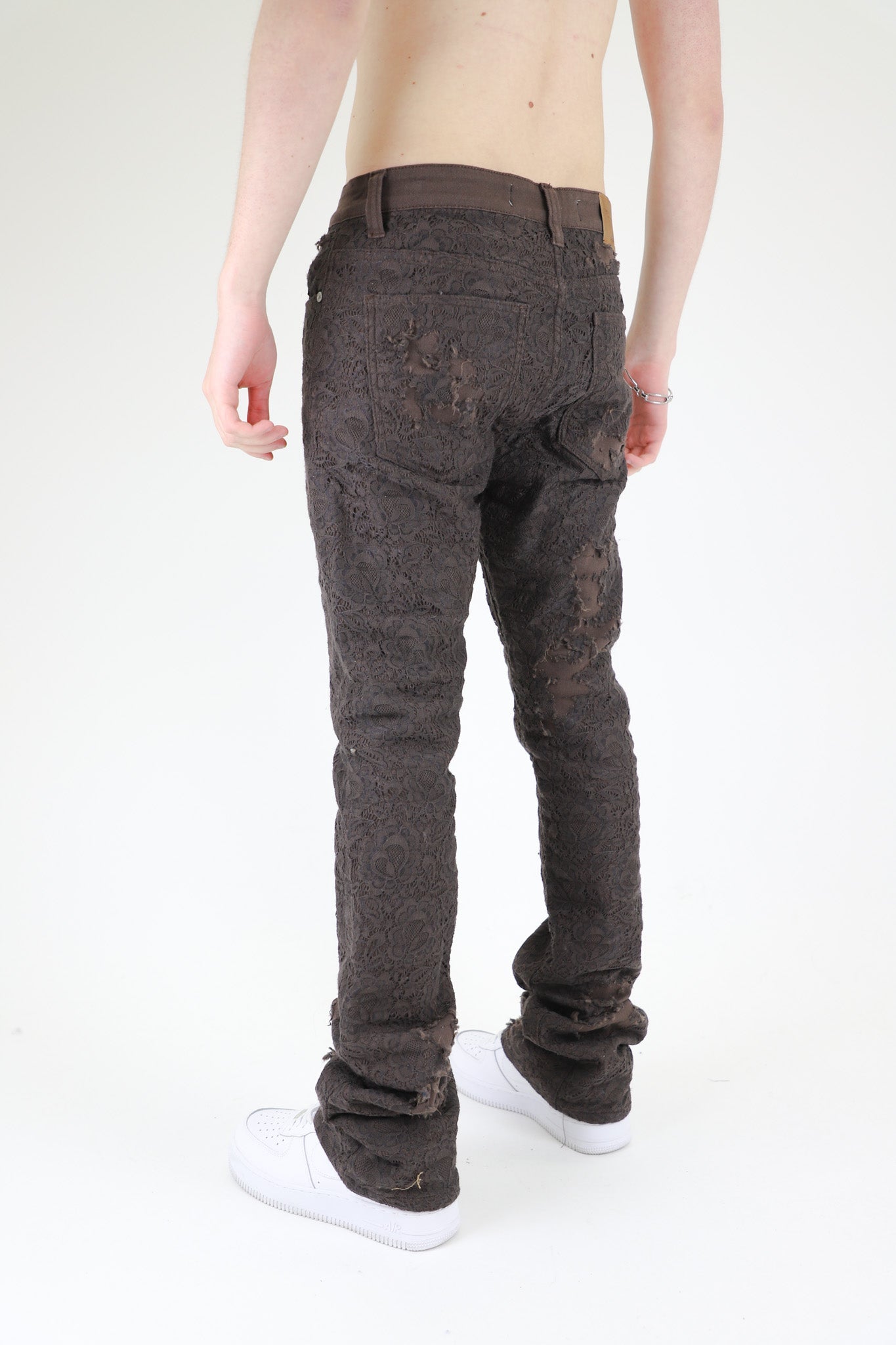 AJS692 LACE LAYERS STACKED JEANS BROWN