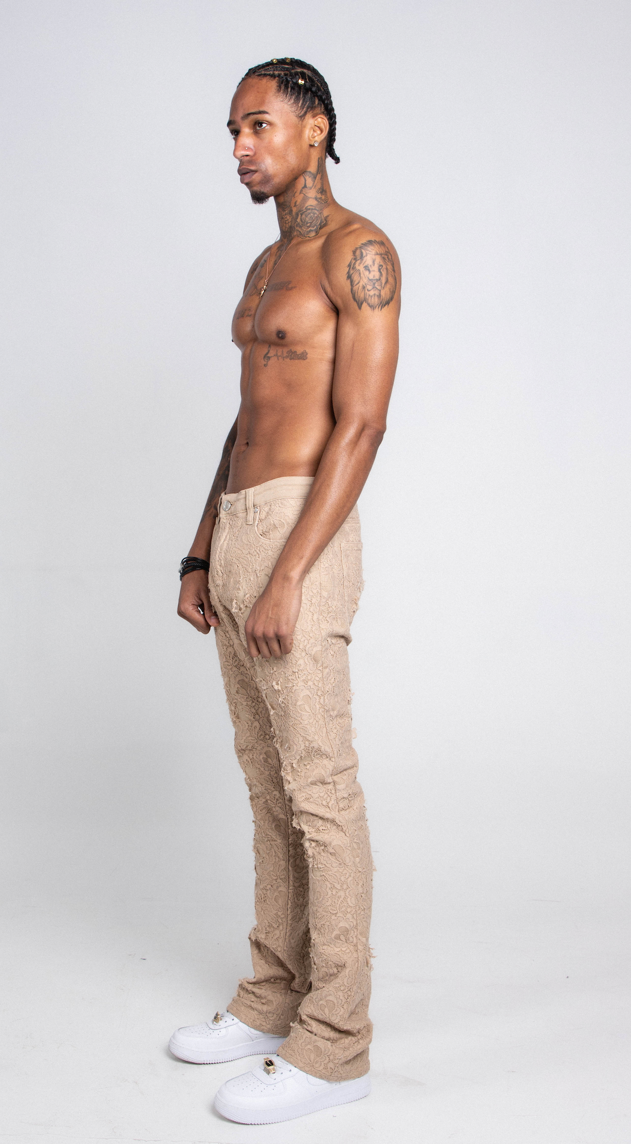 AJS692 LACE LAYERS STACKED JEANS KHAKI