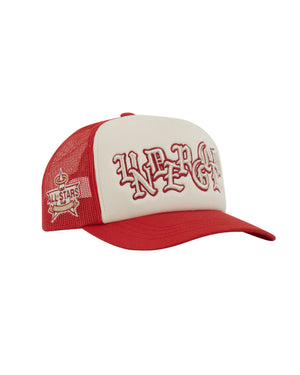 Red and white cap with 'N Erg' branding on a light gray background