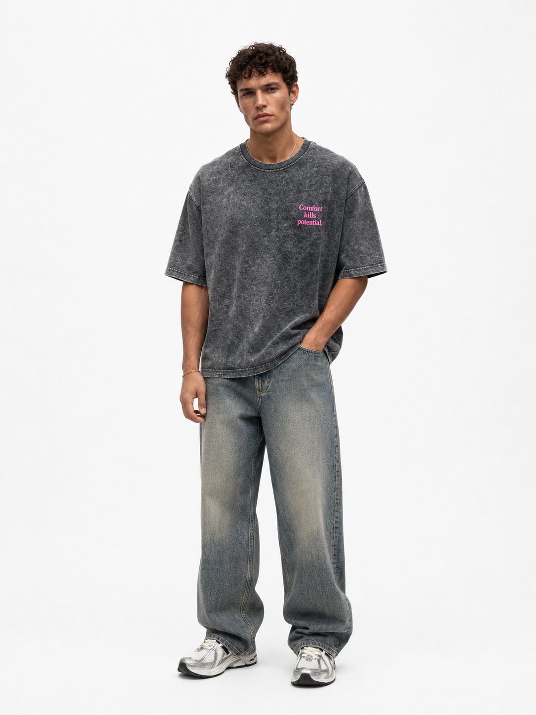Men's Puff Print Washed Oversize T-Shirt Black