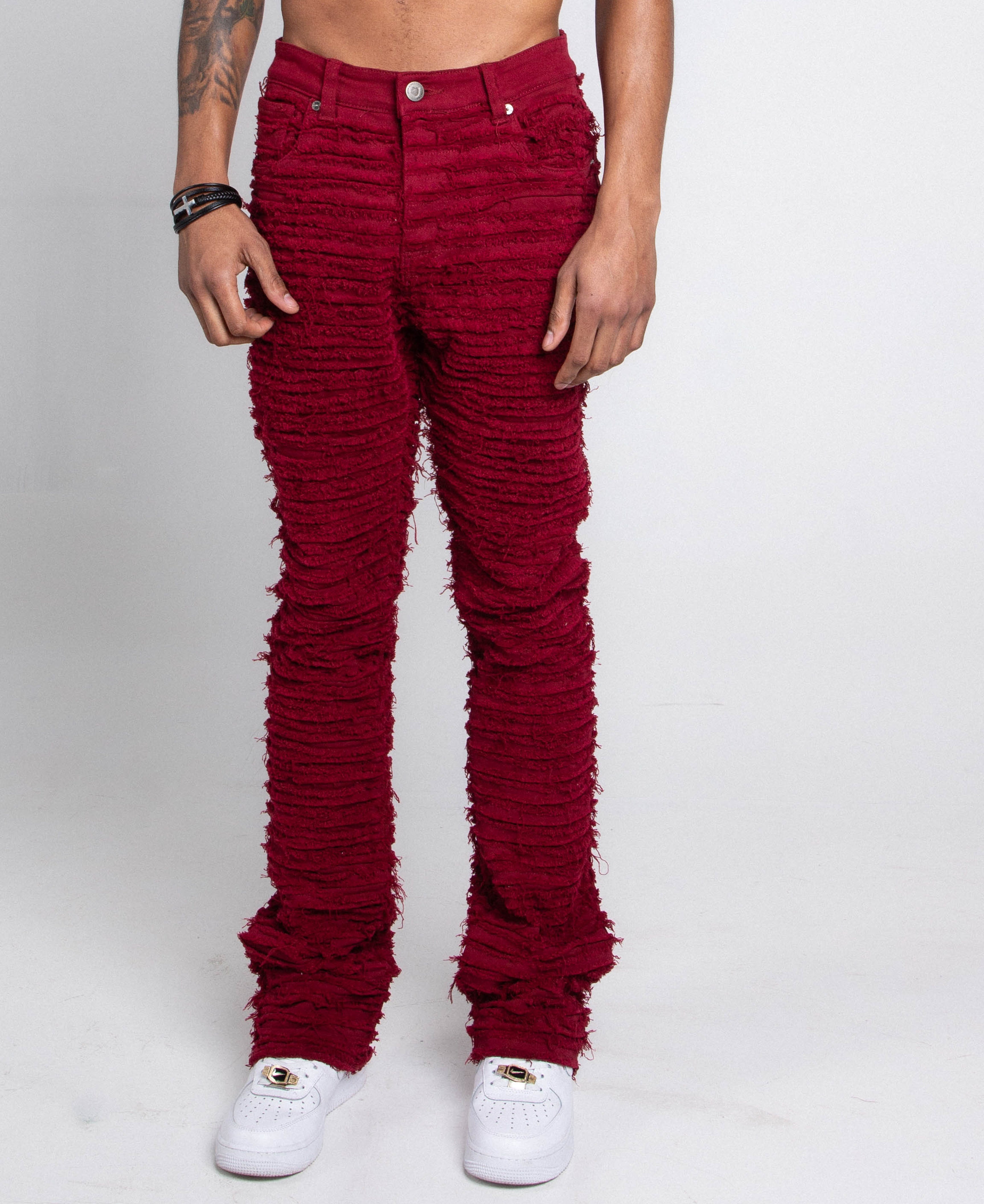 AJS693 EXTREME FRAYED STACKED JEANS WINE