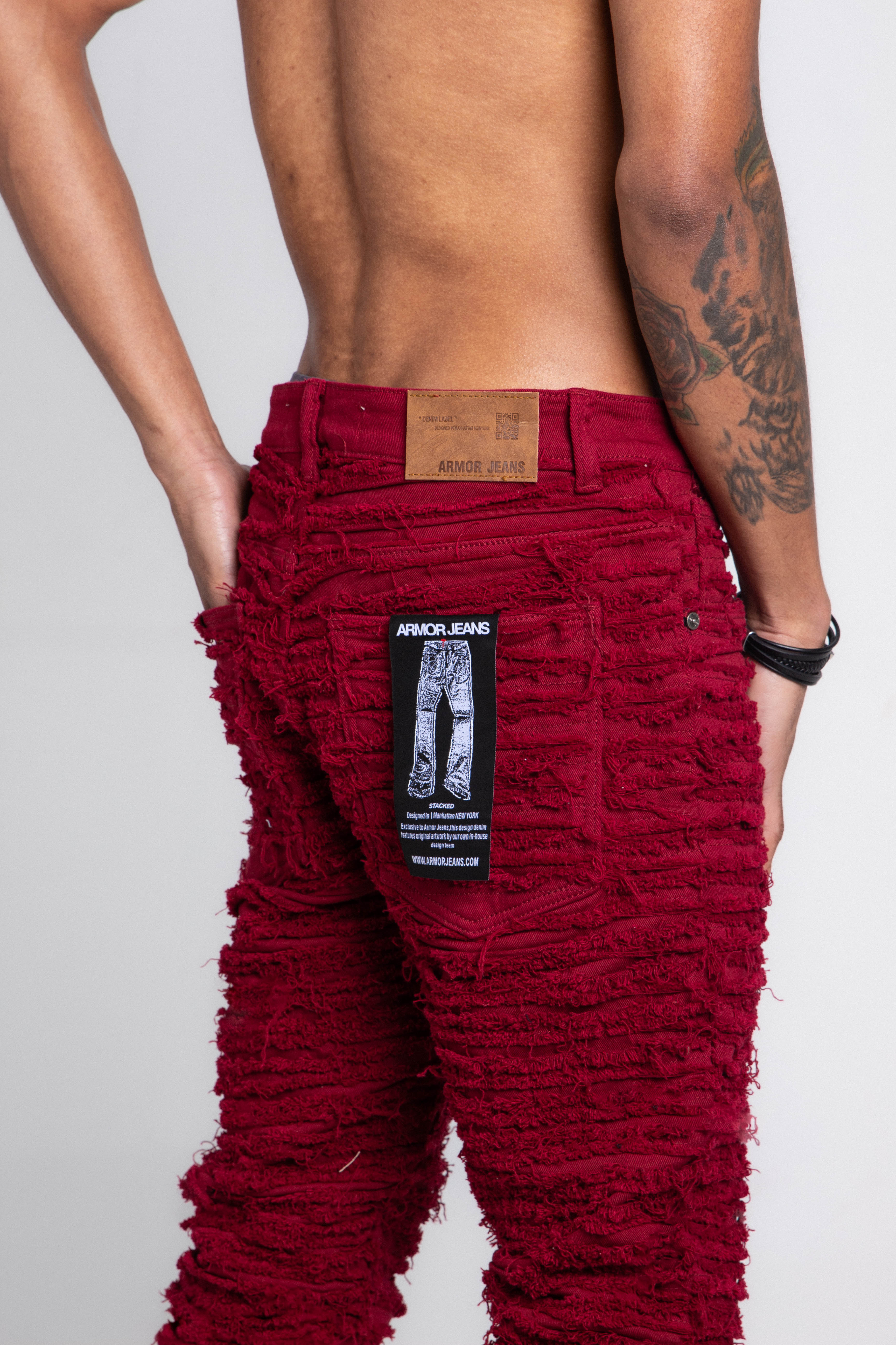 AJS693 EXTREME FRAYED STACKED JEANS WINE