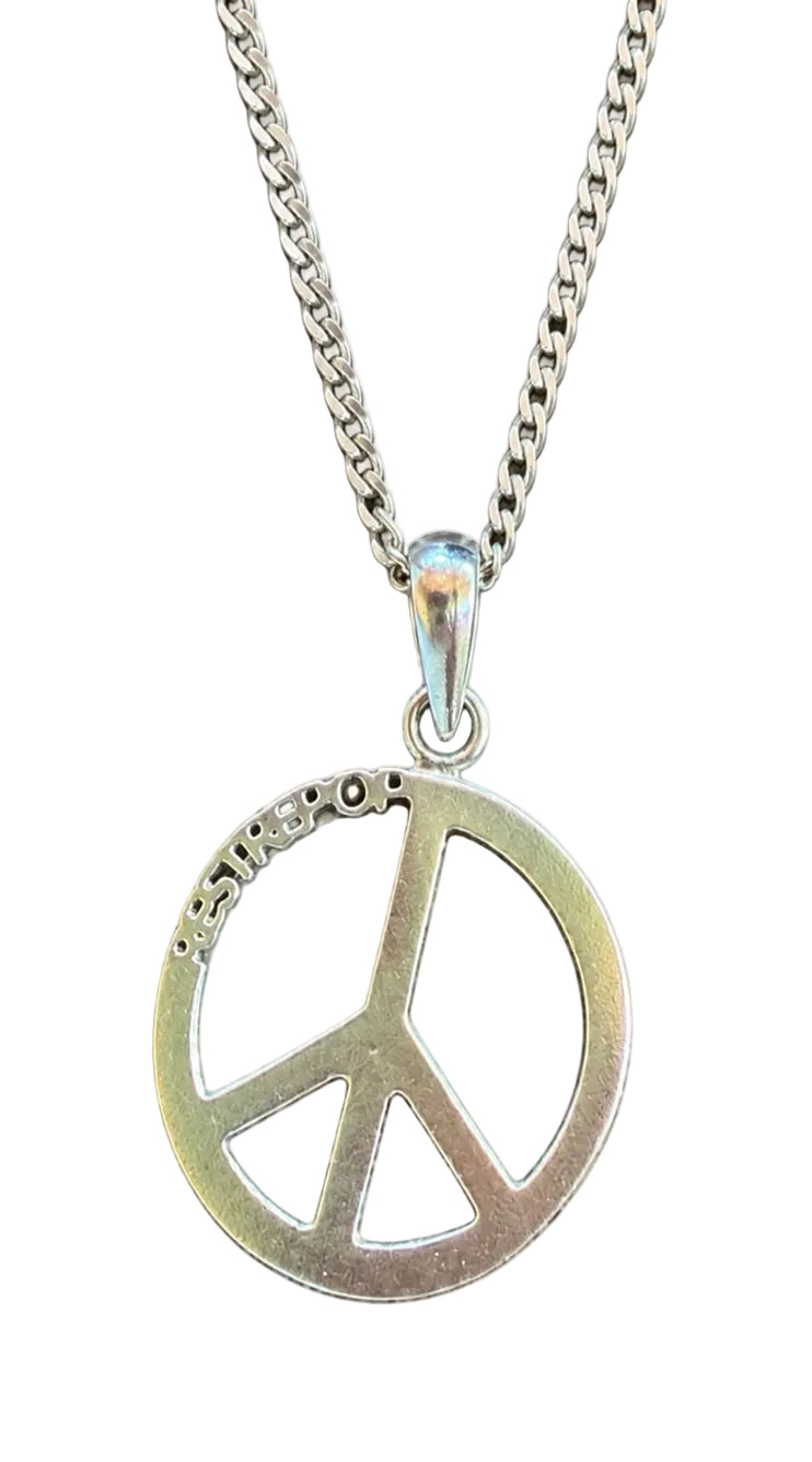 A silver peace sign pendant necklace on a silver chain, shown against a plain white background with a price label of $256 below.