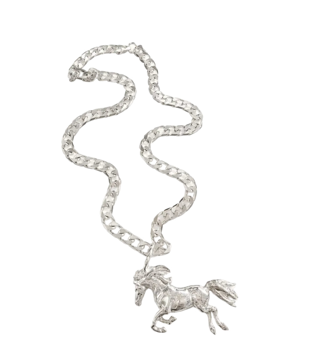 A silver-toned chain necklace with a detailed horse pendant, displayed on a clean white background with a price label of $388 below.