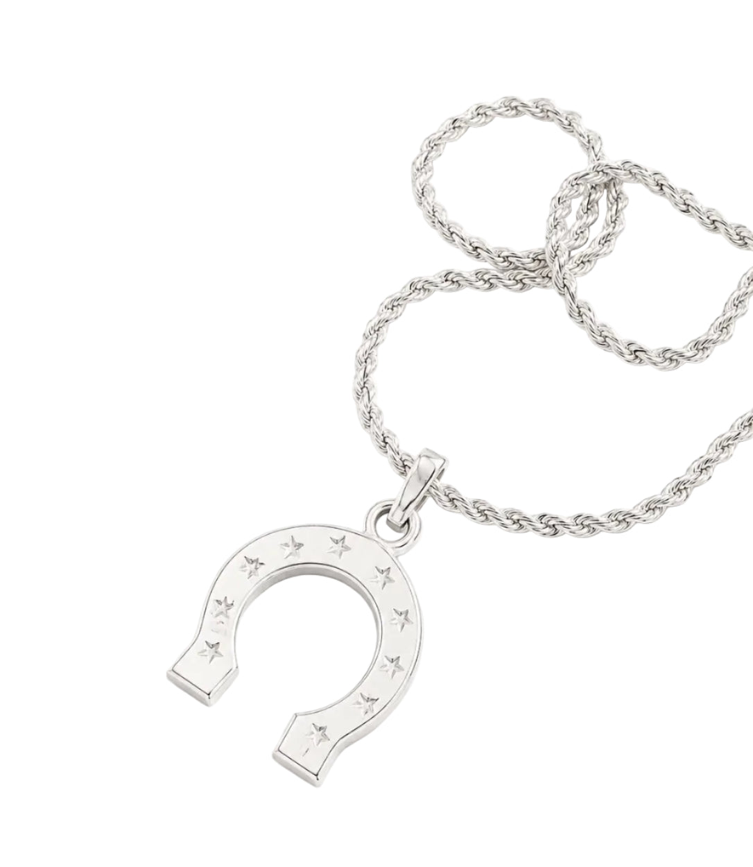A silver horseshoe pendant necklace with small star engravings, shown on a matching twisted chain against a plain white background.