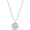 A silver pendant necklace featuring a circular sunburst design, suspended from a twisted silver chain against a plain off-white background, with the text '$149' printed below.