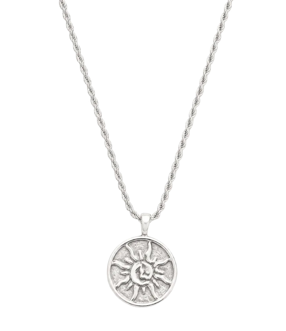 A silver pendant necklace featuring a circular sunburst design, suspended from a twisted silver chain against a plain off-white background, with the text '$149' printed below.