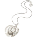 A silver pendant necklace featuring a large, textured oval pendant with a central cowboy hat motif, suspended from a delicate silver chain with a small round tag and clasp. The price '$328' is printed below the necklace on a clean white background.