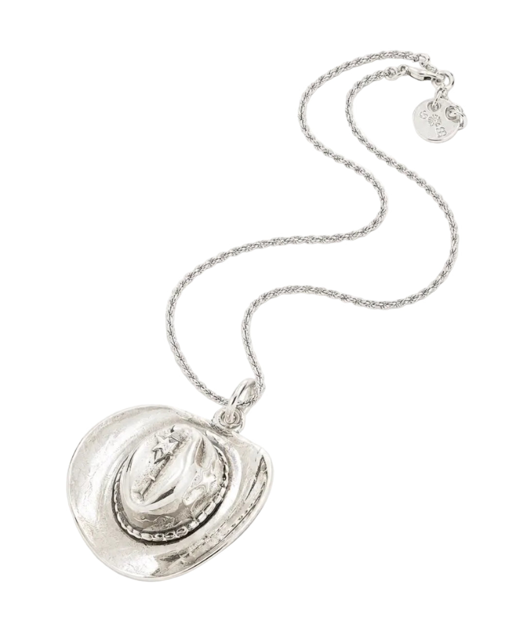 A silver pendant necklace featuring a large, textured oval pendant with a central cowboy hat motif, suspended from a delicate silver chain with a small round tag and clasp. The price '$328' is printed below the necklace on a clean white background.