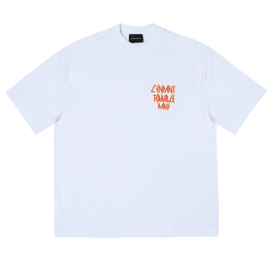 A white short-sleeve crewneck t-shirt with a small orange graphic on the left chest reading 'QUANTUM TRANCE MAY'. The shirt is laid flat against a solid white background.