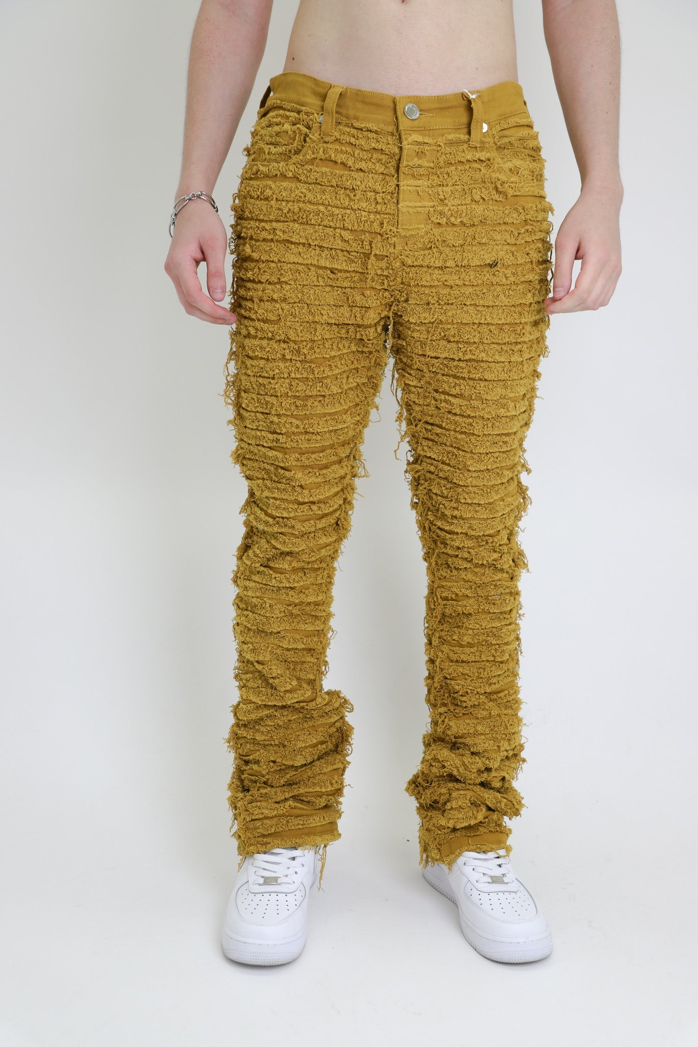 AJS693 EXTREME FRAYED STACKED JEANS MUSTARD