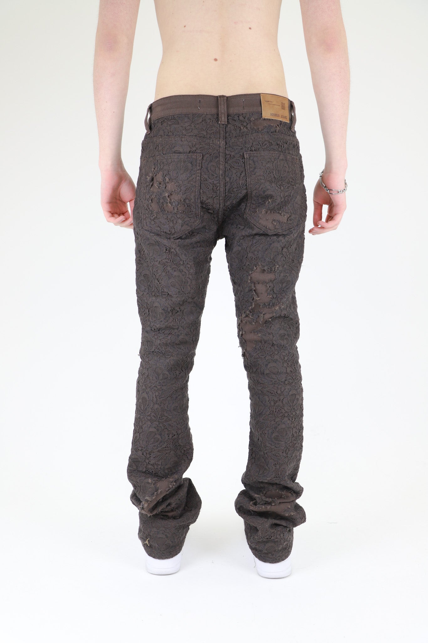 AJS692 LACE LAYERS STACKED JEANS BROWN