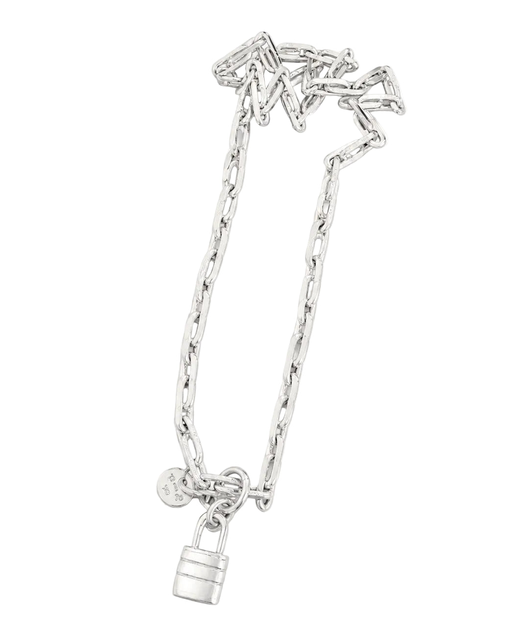A silver-toned chain accessory with a zigzag top detail and a small padlock charm at the bottom, shown on a plain light background with the text '$702' underneath.