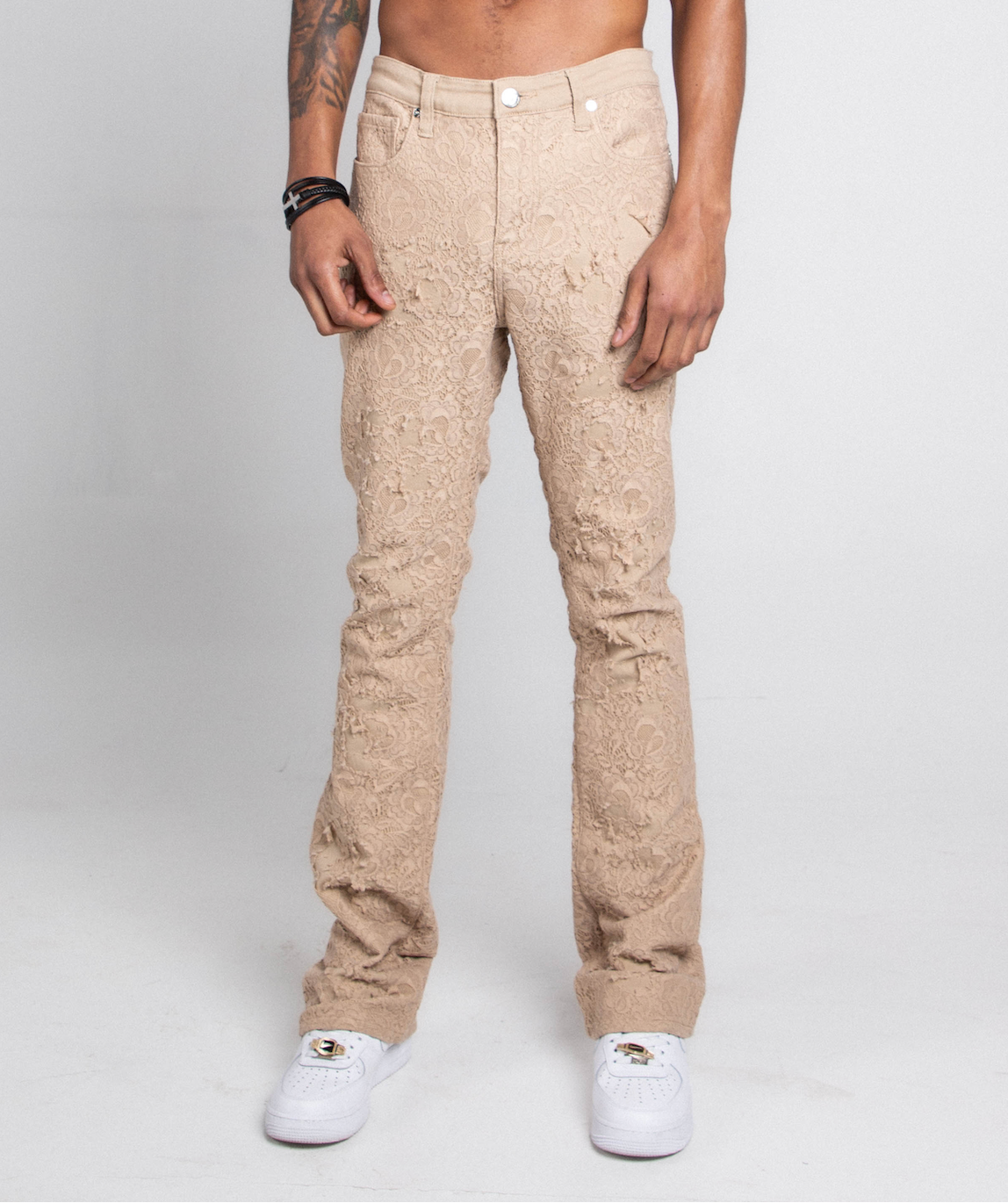 AJS692 LACE LAYERS STACKED JEANS KHAKI