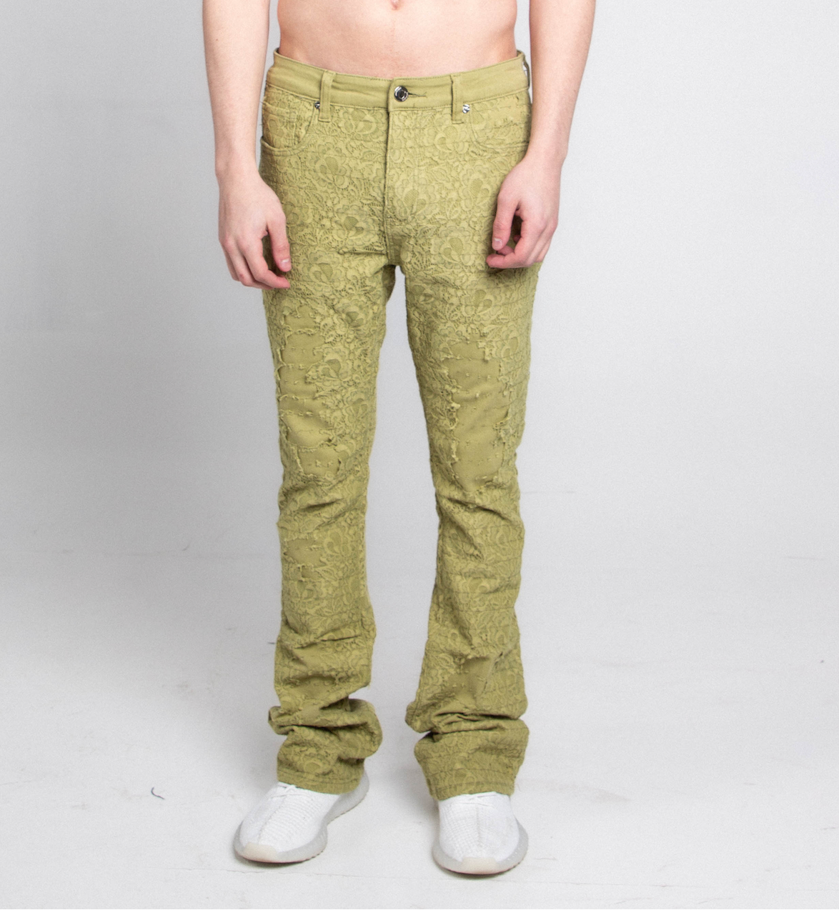 AJS692 LACE LAYERS STACKED JEANS GREEN