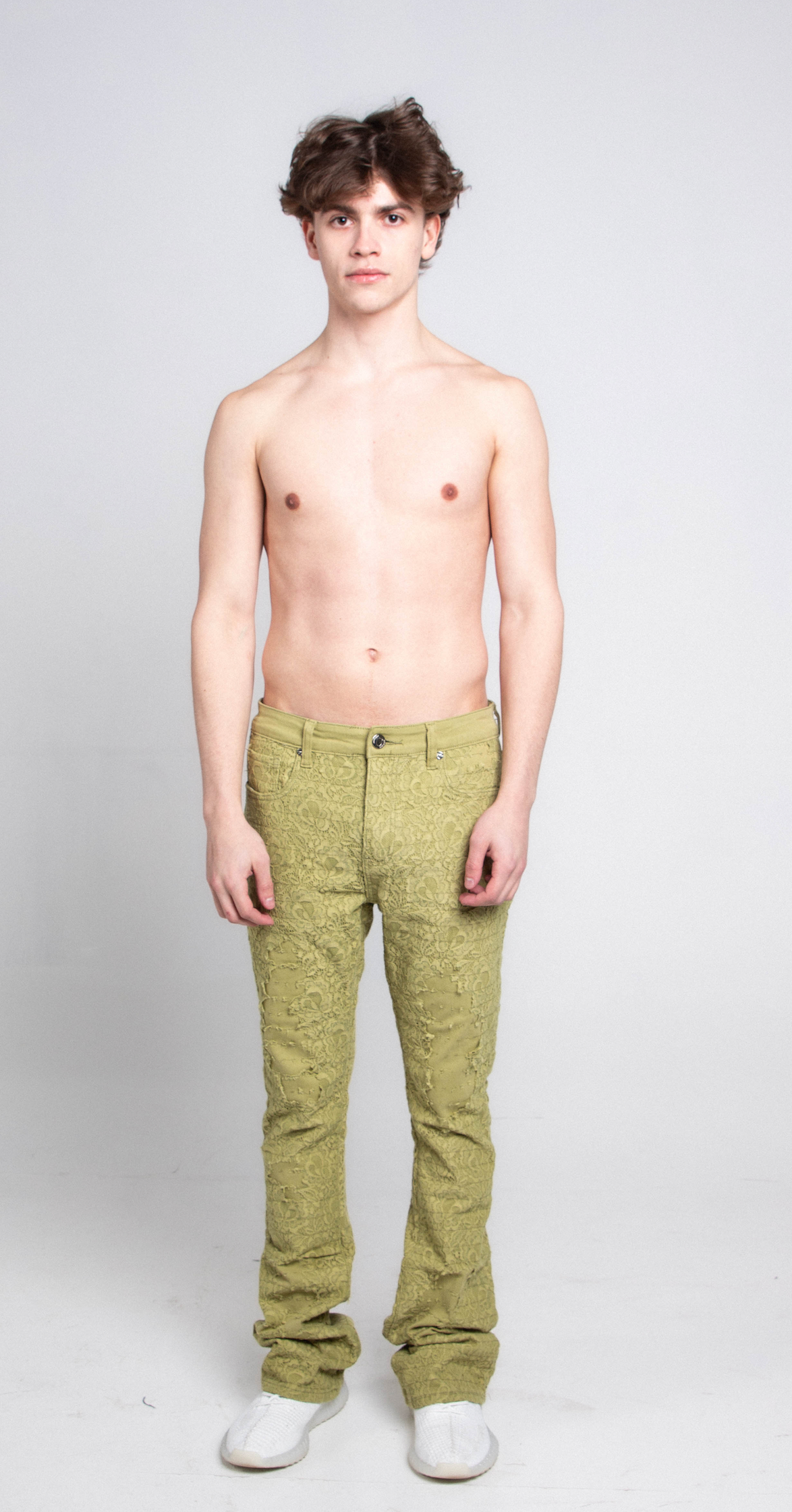 AJS692 LACE LAYERS STACKED JEANS GREEN