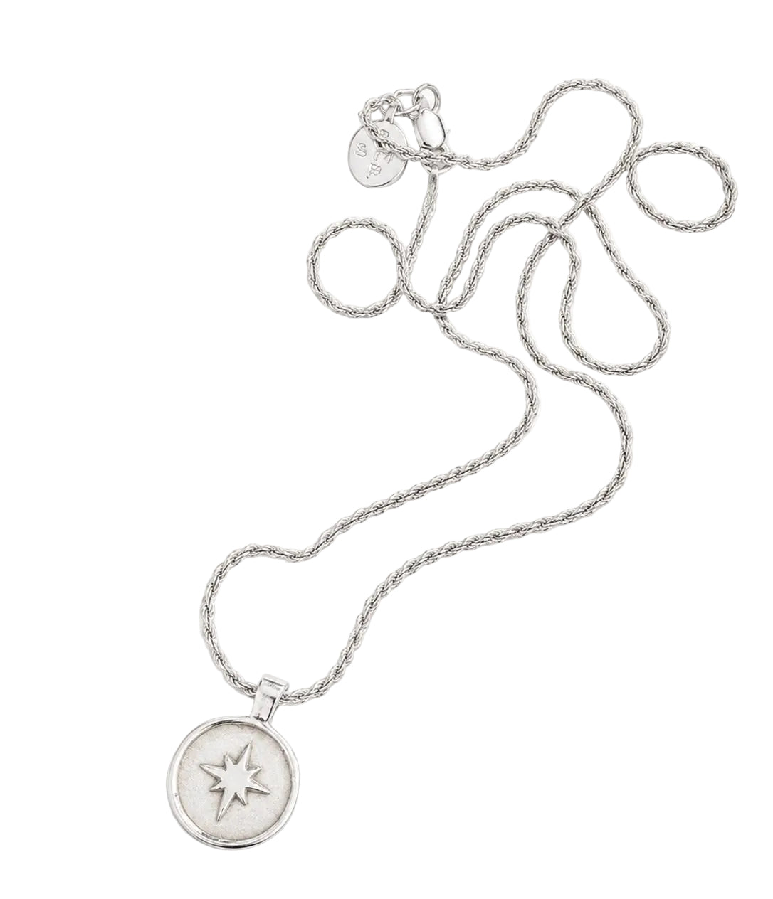 A silver-toned necklace with a round pendant featuring a starburst design, displayed on a clean white background with a price label of $164 below.