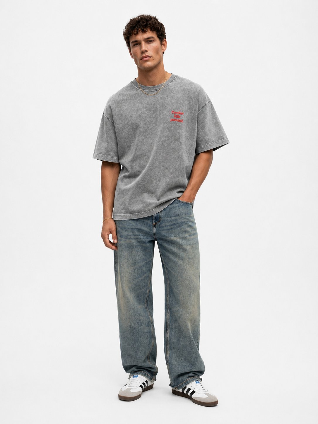 Men's Puffy Print Washed Oversize T-Shirt Grey